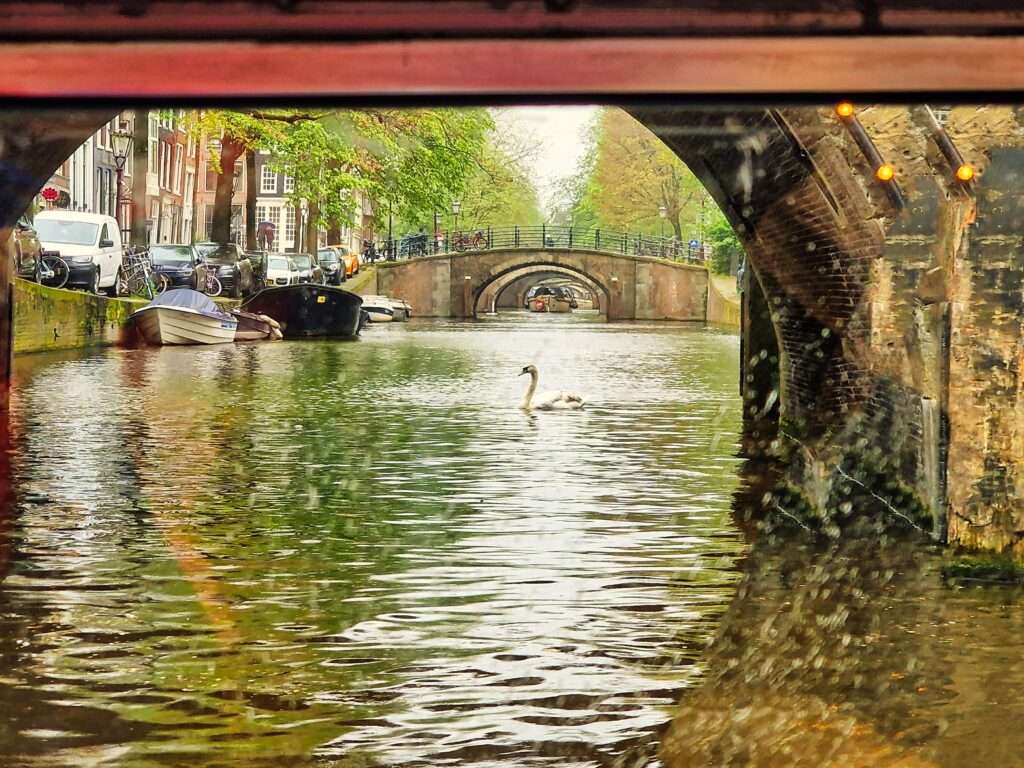 miejsce na Amstel w Amsterdamie, z którego widocznych jest 9 mostów