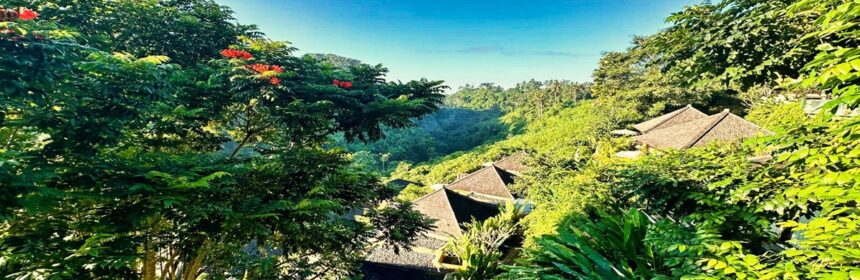 Bujna roślinność tropikalna przy jednym z hoteli 5-gwiazdkowych na Wyspie Bali podczas wycieczki do Indonezji