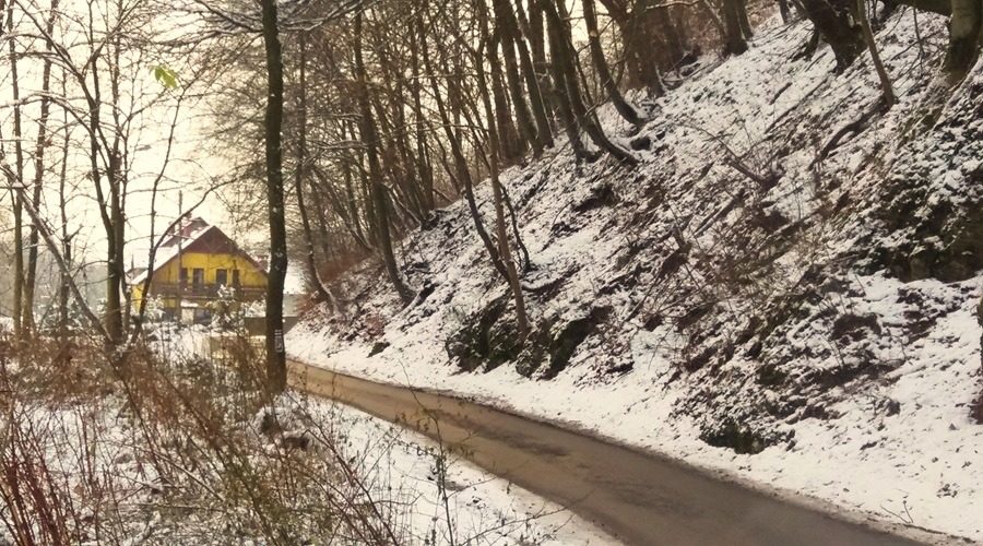 wąska droga prowadząca przez Dolinę Prądnika zimą