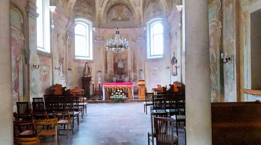 an interior of a roman-catholic church "on the island" in a town of Zwierzyniec in the heart of the Polish Roztocze