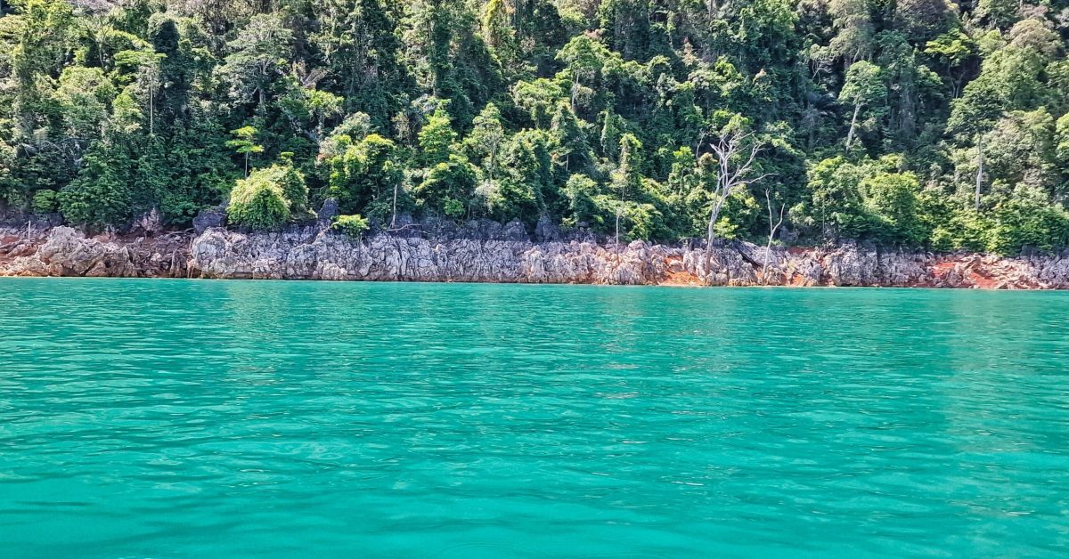 bajecznie turkusowy kolor jeziora Cheow Lan podczas wycieczki do Khao Sok